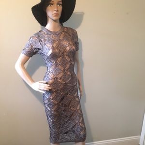 Crochet silver/ pewter midi see through dress